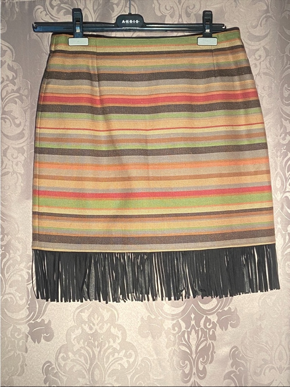 Patricia Wolf Striped Multicolor Mini Skirt with Black Fringe